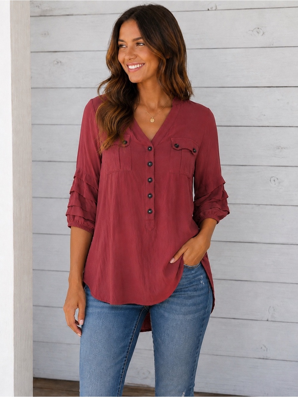 Matilda Jane Henley Tiered Ruffle Sleeve Utility Blouse- Large